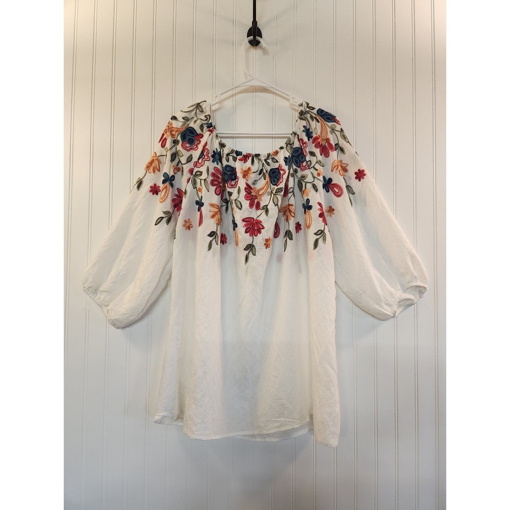 Kindred Womens 2X White Floral Embroidered Sheer Peasant Blouse Balloon Sleeve - Picture 2 of 12